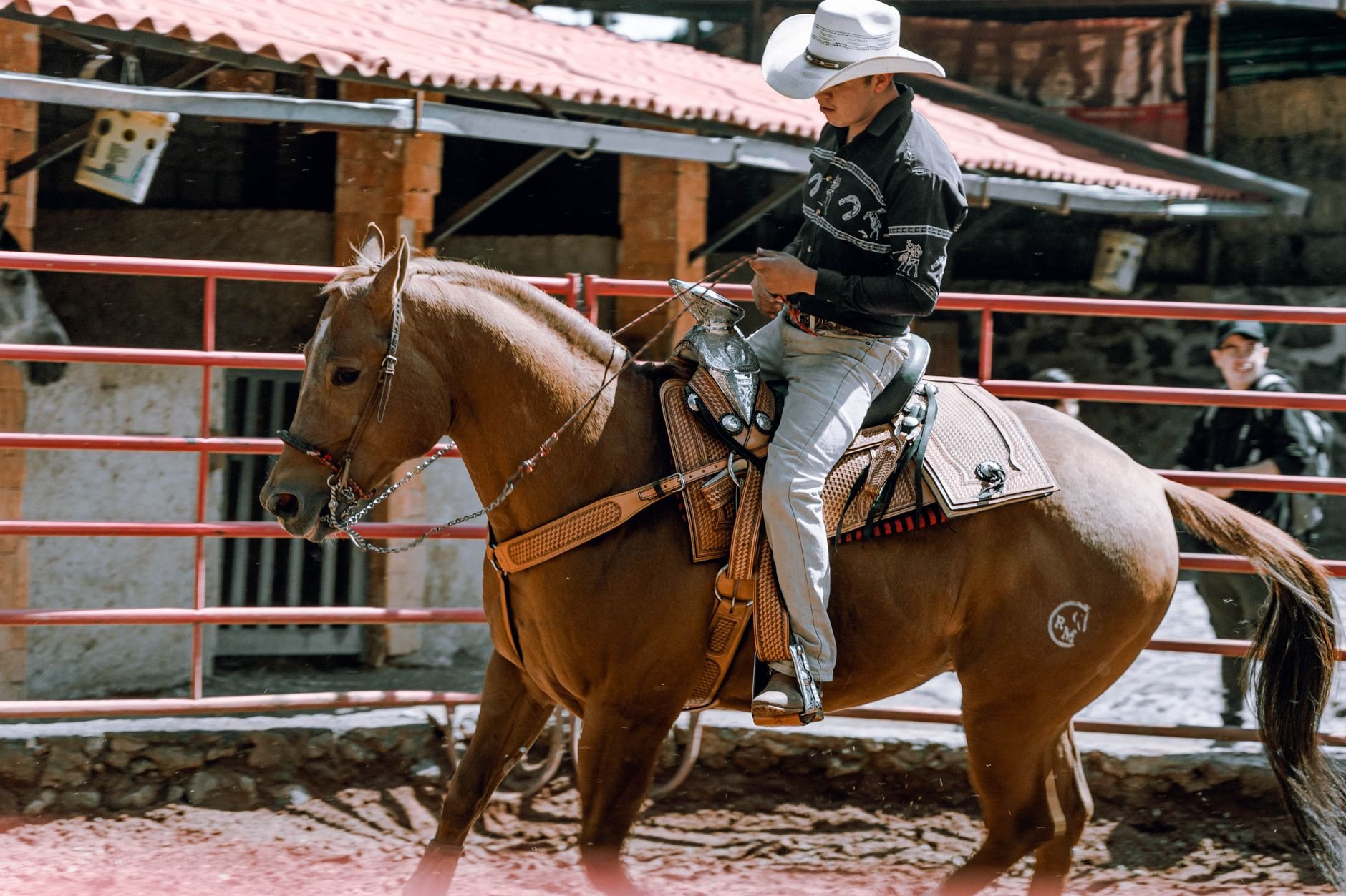 A cowboy in a hat rides a horse in an outdoor rodeo arena, showcasing western culture.